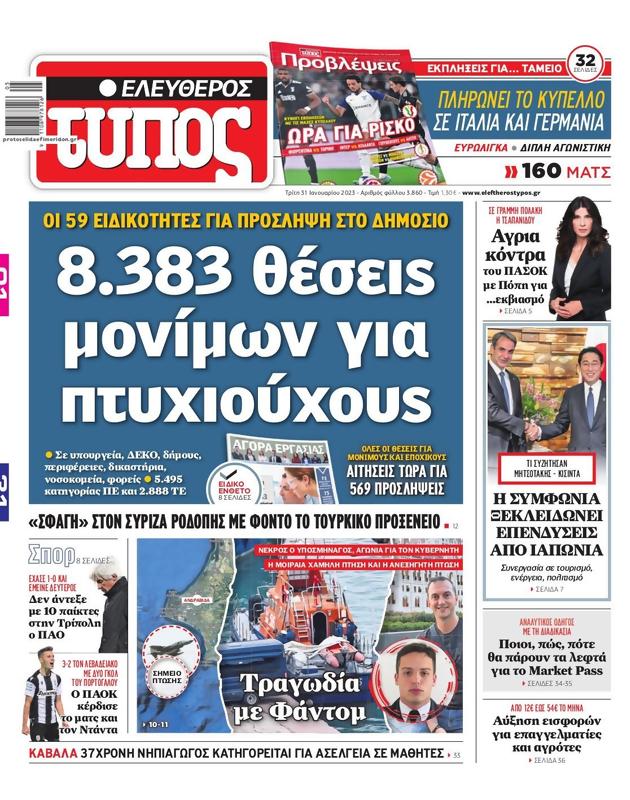 Πρωτοσέλιδο Ελεύθερος Τύπος