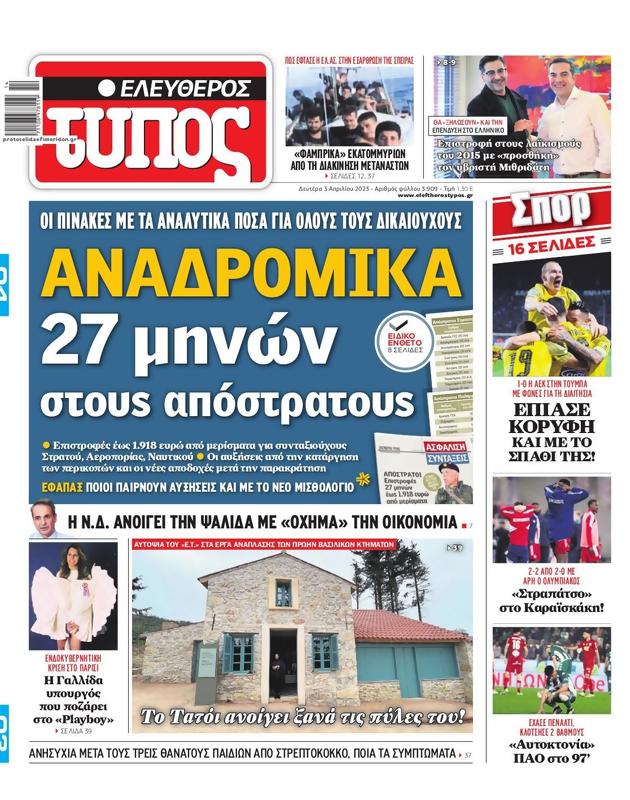 Πρωτοσέλιδο Ελεύθερος Τύπος