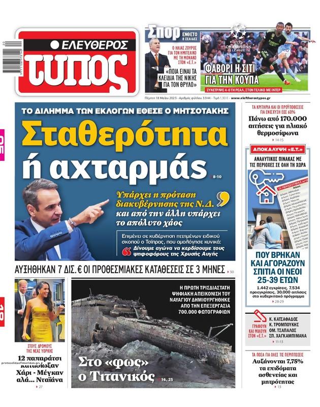 Πρωτοσέλιδο Ελεύθερος Τύπος