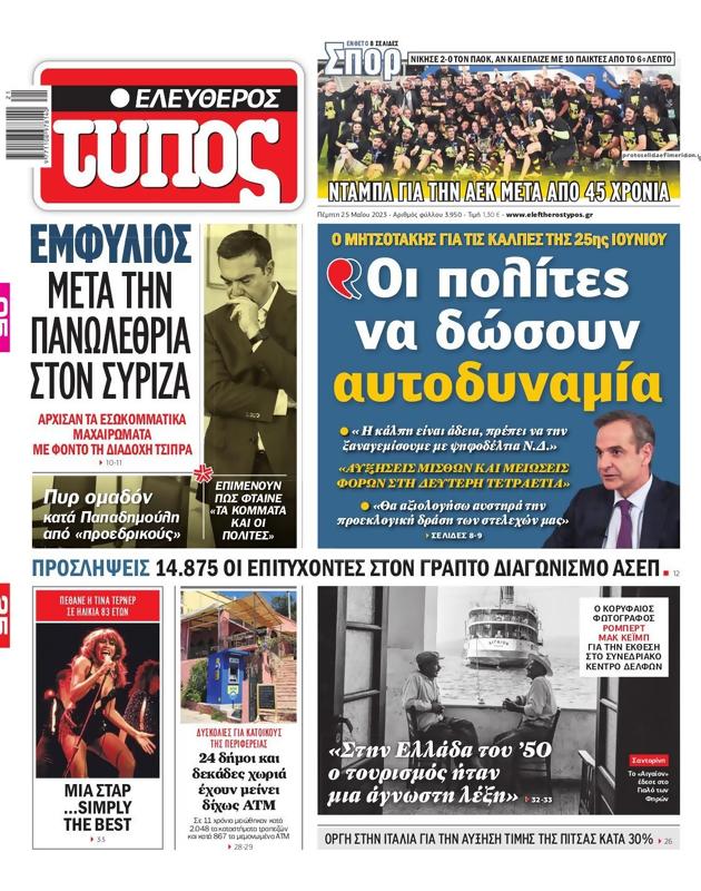 Πρωτοσέλιδο Ελεύθερος Τύπος