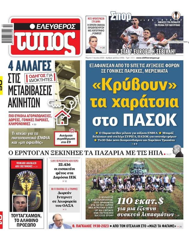 Πρωτοσέλιδο Ελεύθερος Τύπος