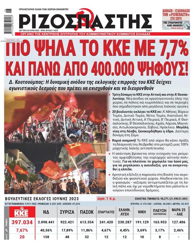 Πρωτοσέλιδο Ριζοσπάστης