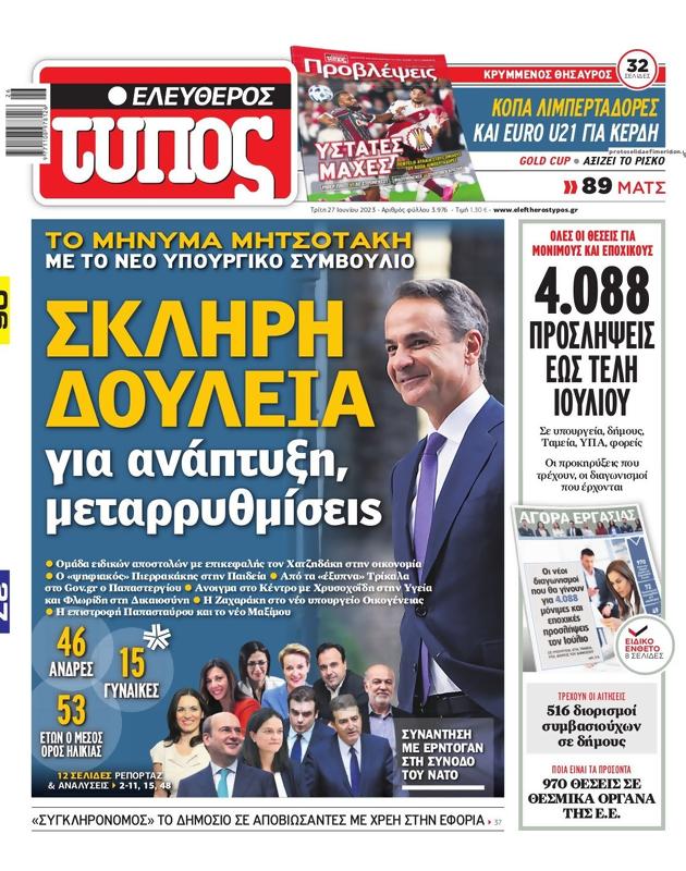 Πρωτοσέλιδο Ελεύθερος Τύπος