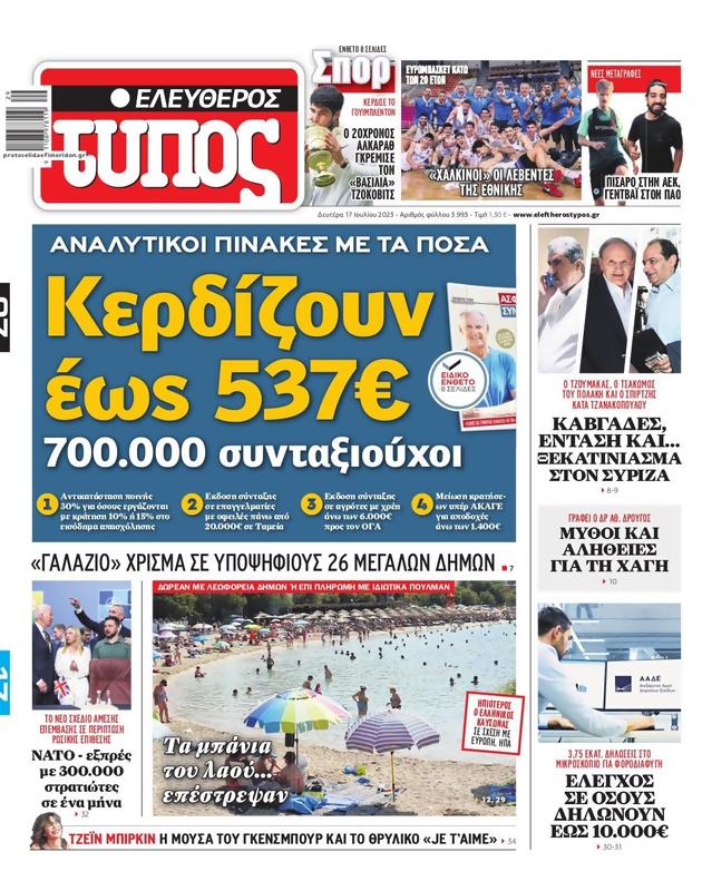 Πρωτοσέλιδο Ελεύθερος Τύπος