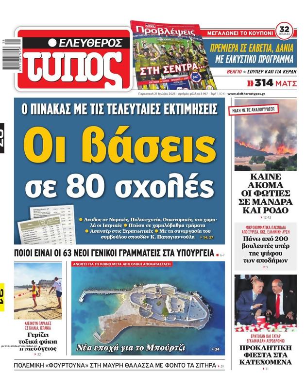 Πρωτοσέλιδο Ελεύθερος Τύπος