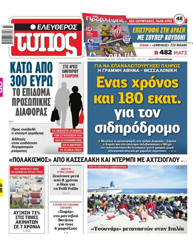 Πρωτοσέλιδο Ελεύθερος Τύπος