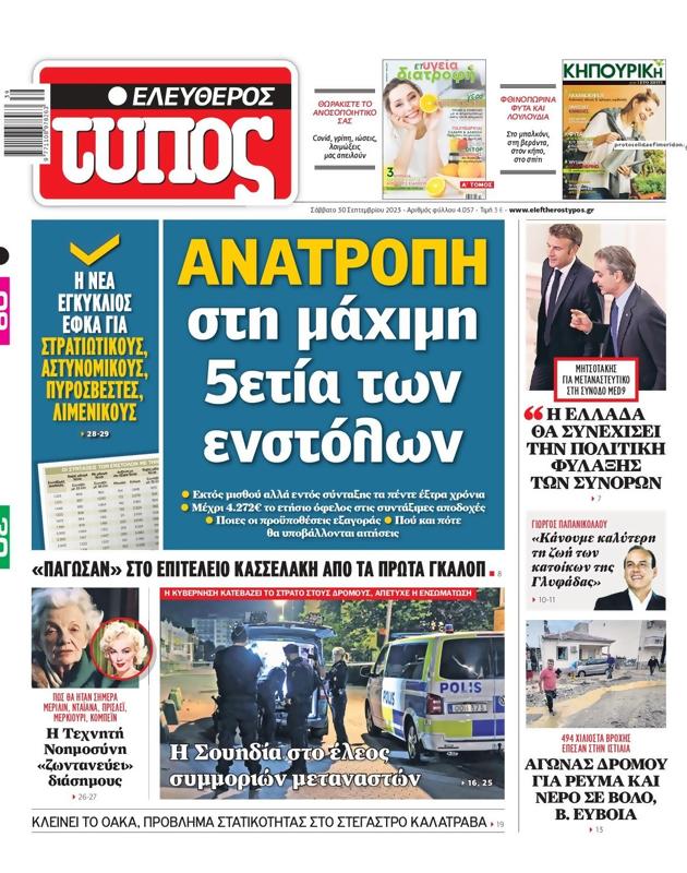 Πρωτοσέλιδο Ελεύθερος Τύπος