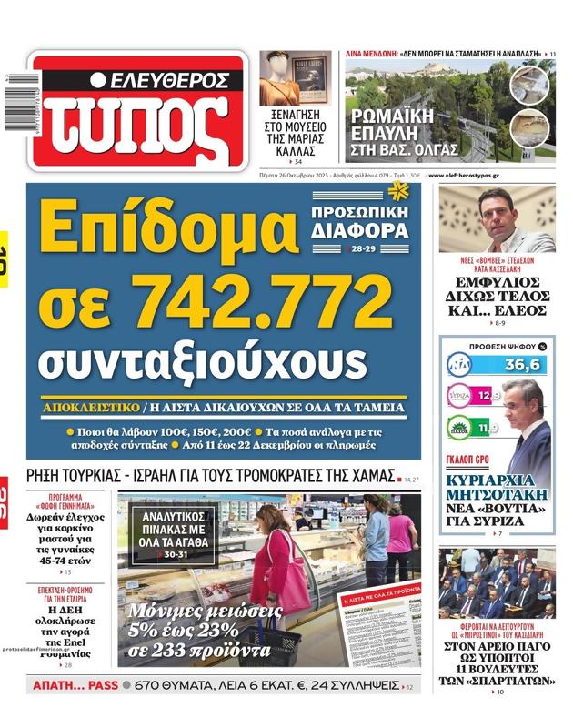 Πρωτοσέλιδο Ελεύθερος Τύπος
