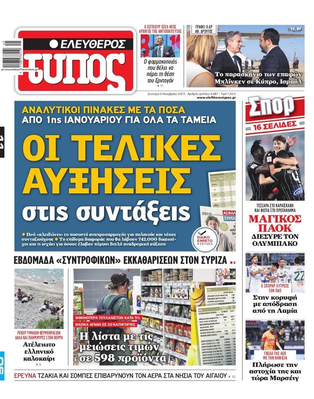 Πρωτοσέλιδο Ελεύθερος Τύπος