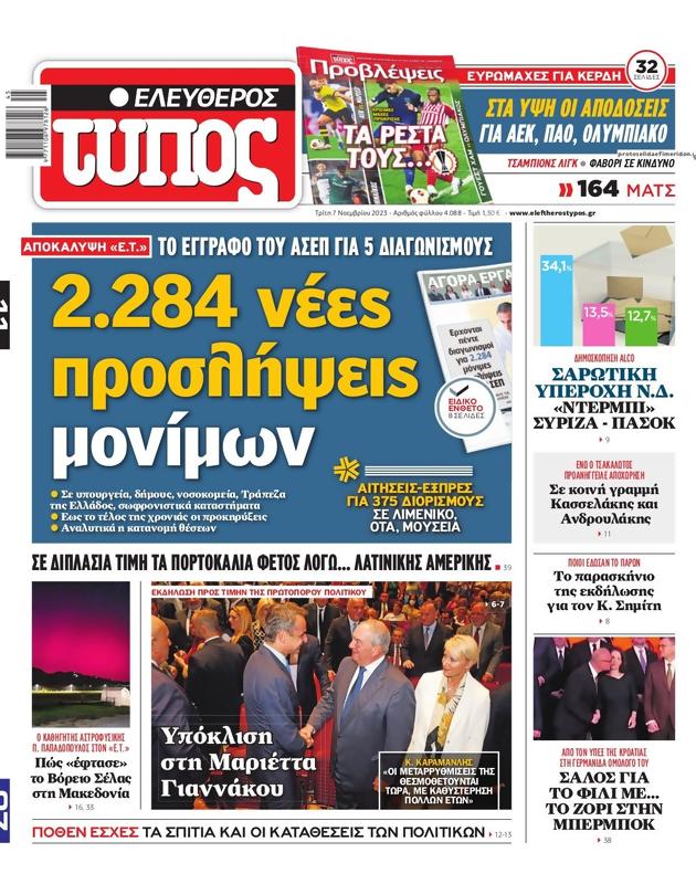 Πρωτοσέλιδο Ελεύθερος Τύπος