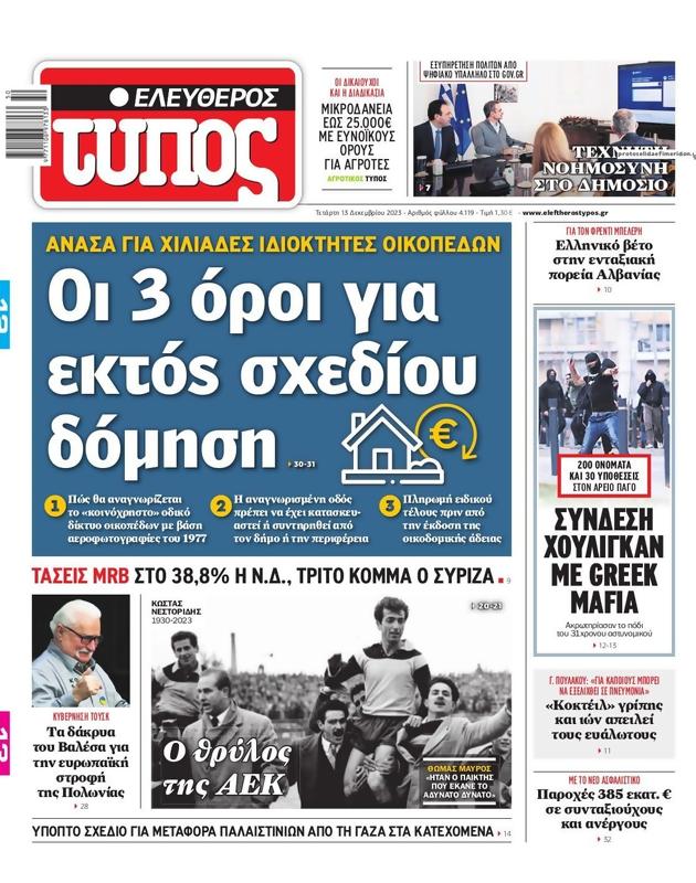 Πρωτοσέλιδο Ελεύθερος Τύπος