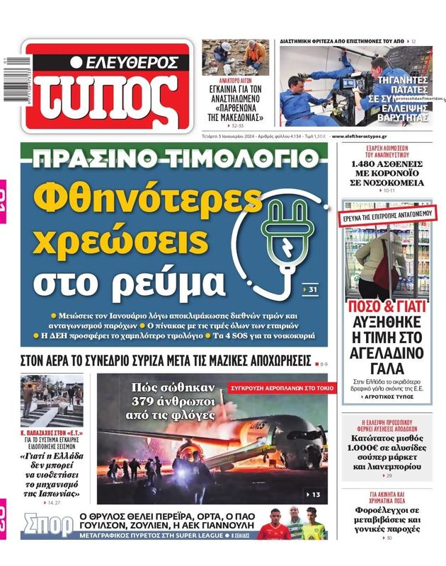 Πρωτοσέλιδο Ελεύθερος Τύπος