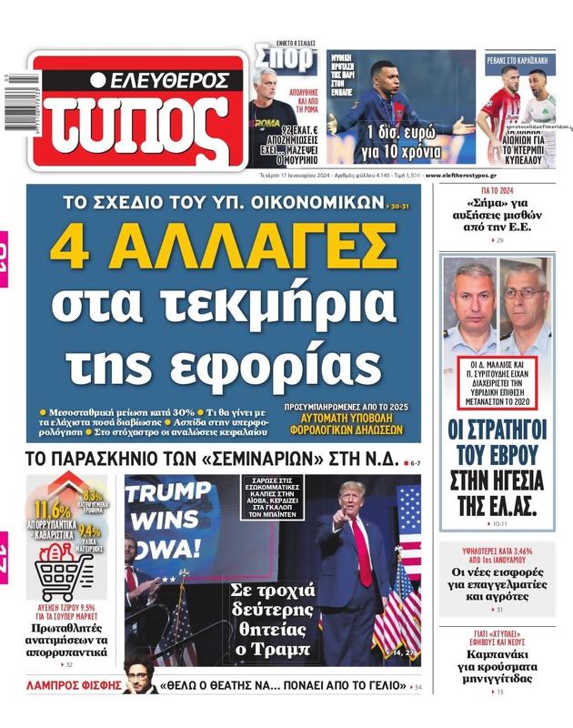 Πρωτοσέλιδο Ελεύθερος Τύπος