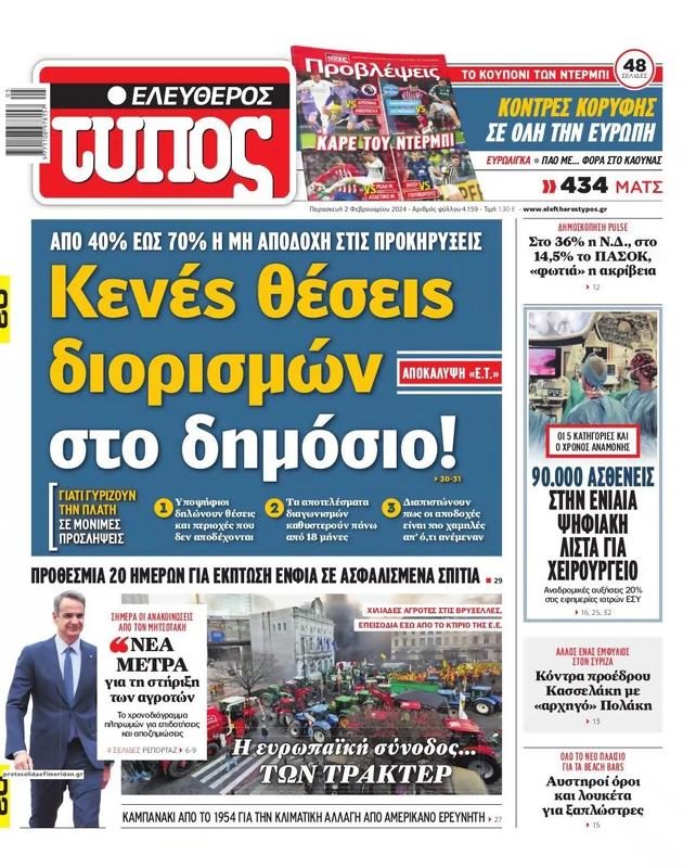 Πρωτοσέλιδο Ελεύθερος Τύπος