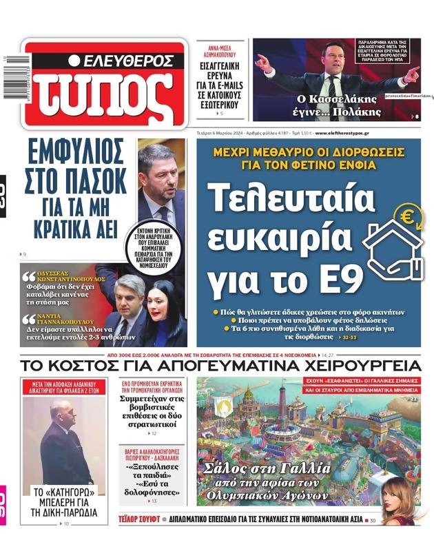 Πρωτοσέλιδο Ελεύθερος Τύπος