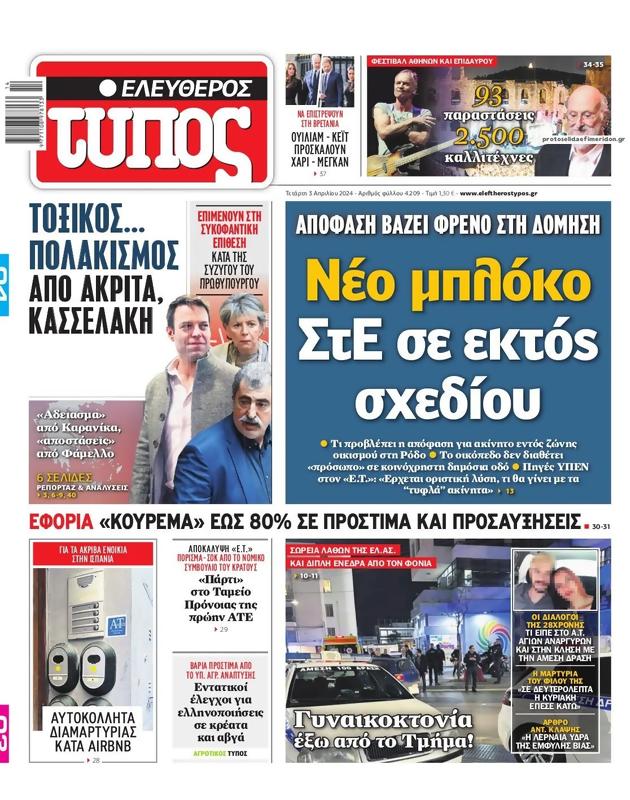 Πρωτοσέλιδο Ελεύθερος Τύπος
