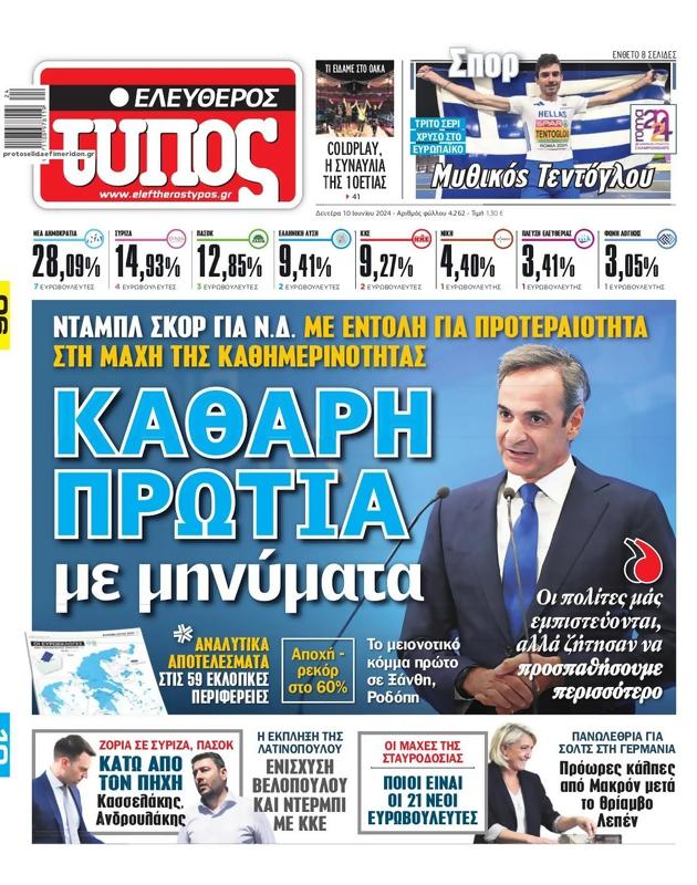 Πρωτοσέλιδο Ελεύθερος Τύπος