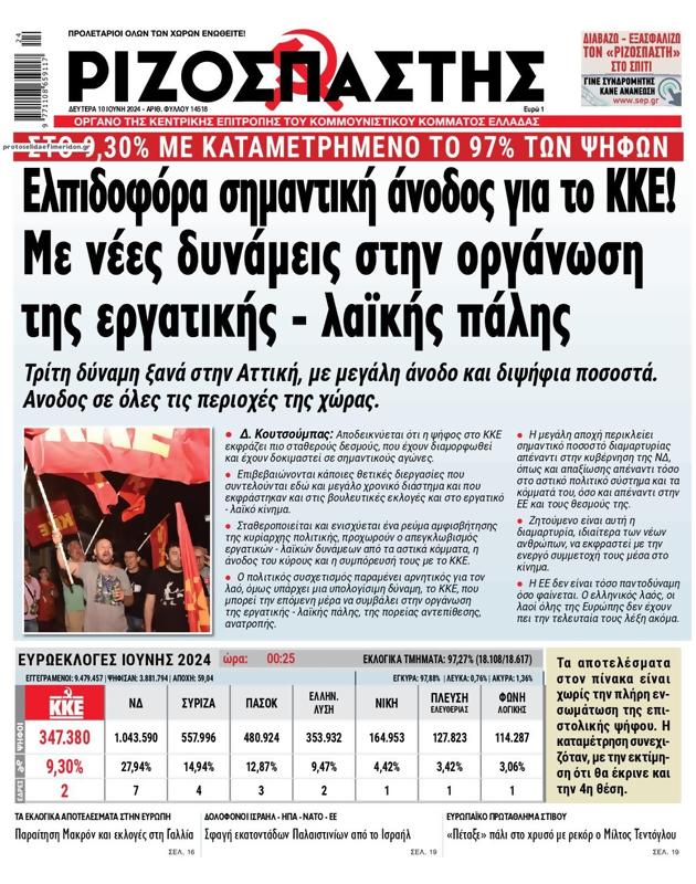 Πρωτοσέλιδο Ριζοσπάστης