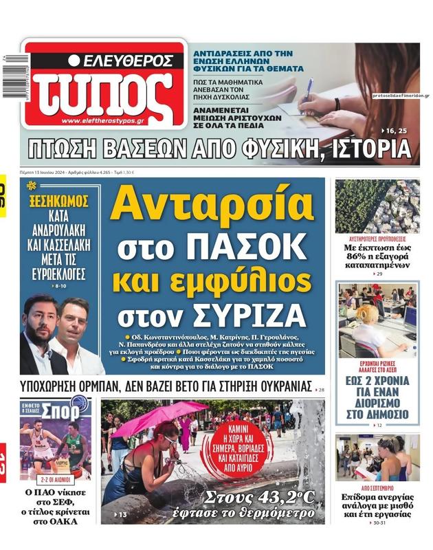 Πρωτοσέλιδο Ελεύθερος Τύπος