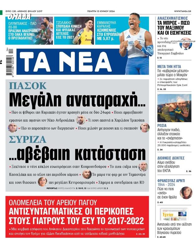Πρωτοσέλιδο Τα Νέα