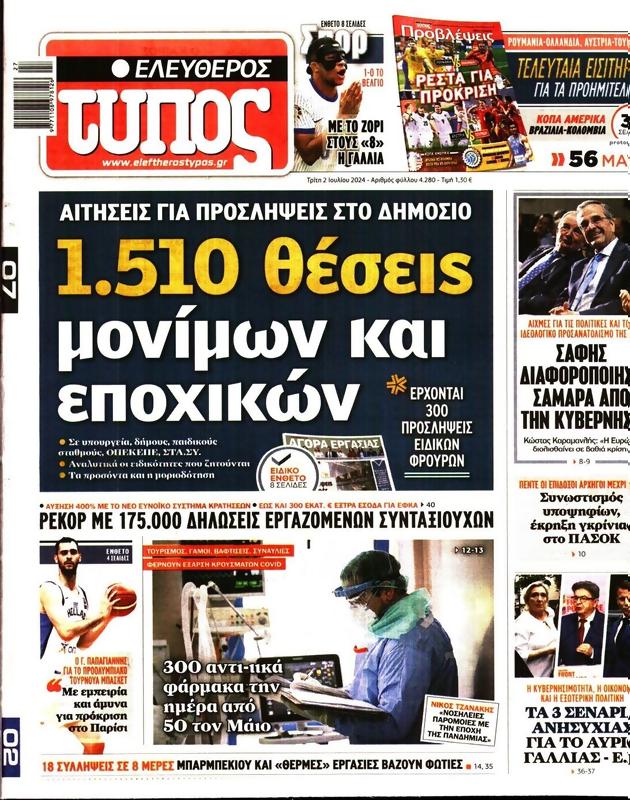 Πρωτοσέλιδο Ελεύθερος Τύπος