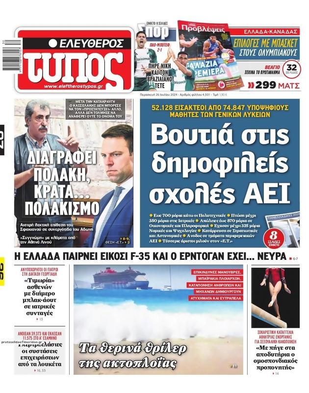 Πρωτοσέλιδο Ελεύθερος Τύπος