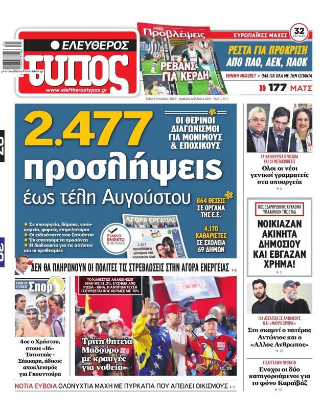 Πρωτοσέλιδο Ελεύθερος Τύπος