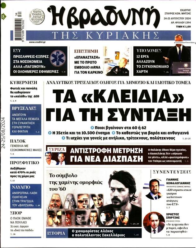 Πρωτοσέλιδο Η Βραδυνή