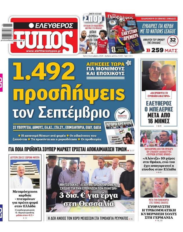 Πρωτοσέλιδο Ελεύθερος Τύπος