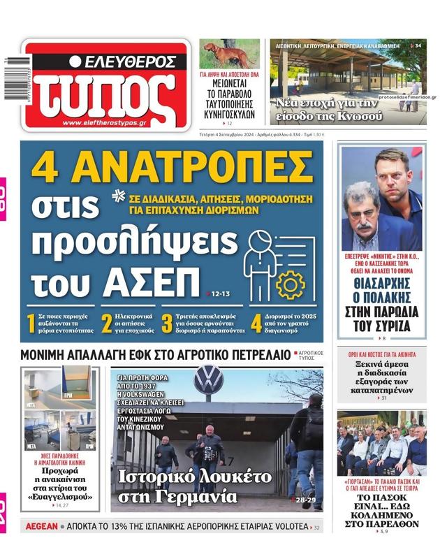 Πρωτοσέλιδο Ελεύθερος Τύπος
