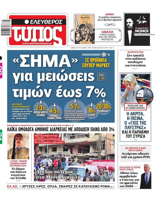 Πρωτοσέλιδο Ελεύθερος Τύπος