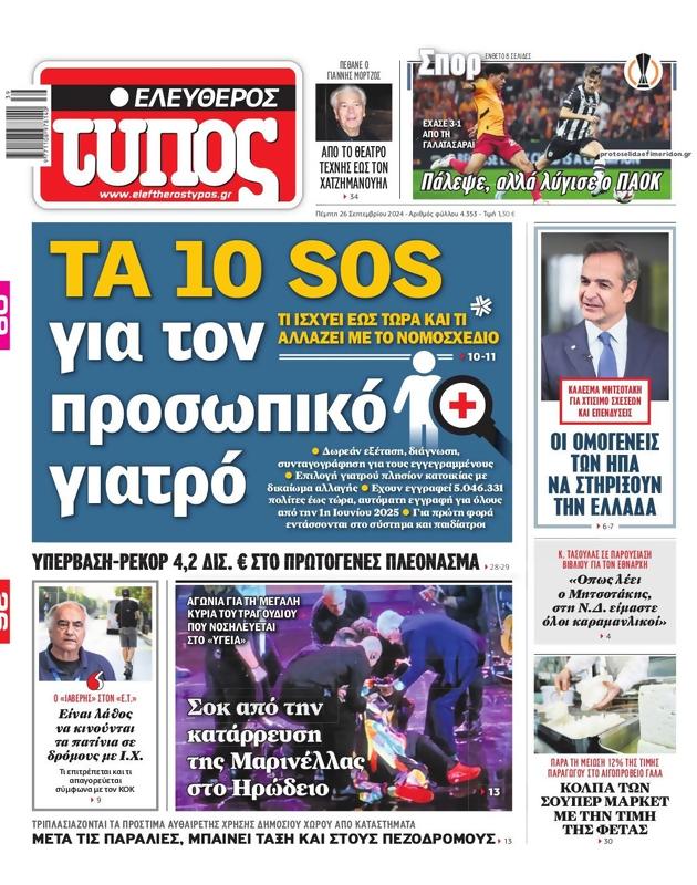 Πρωτοσέλιδο Ελεύθερος Τύπος
