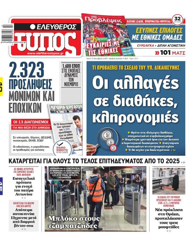Πρωτοσέλιδο Ελεύθερος Τύπος