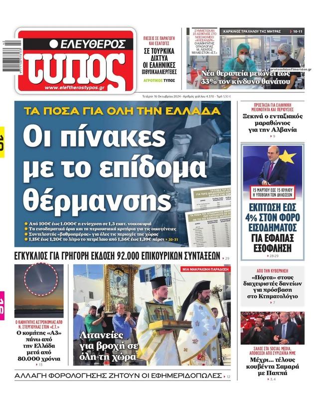 Πρωτοσέλιδο Ελεύθερος Τύπος