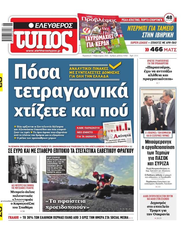 Πρωτοσέλιδο Ελεύθερος Τύπος