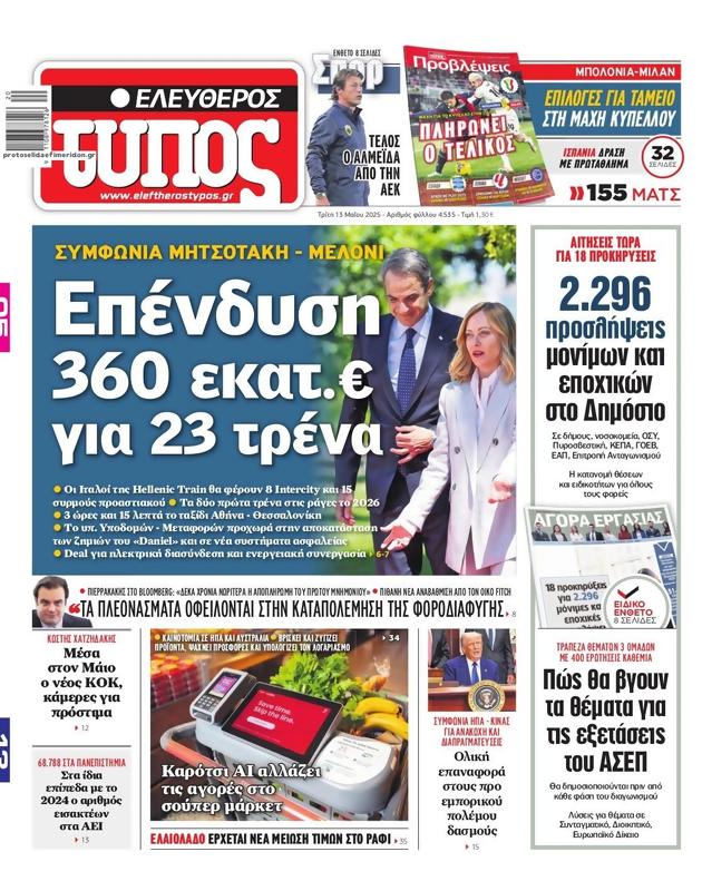 Πρωτοσέλιδο Ελεύθερος Τύπος