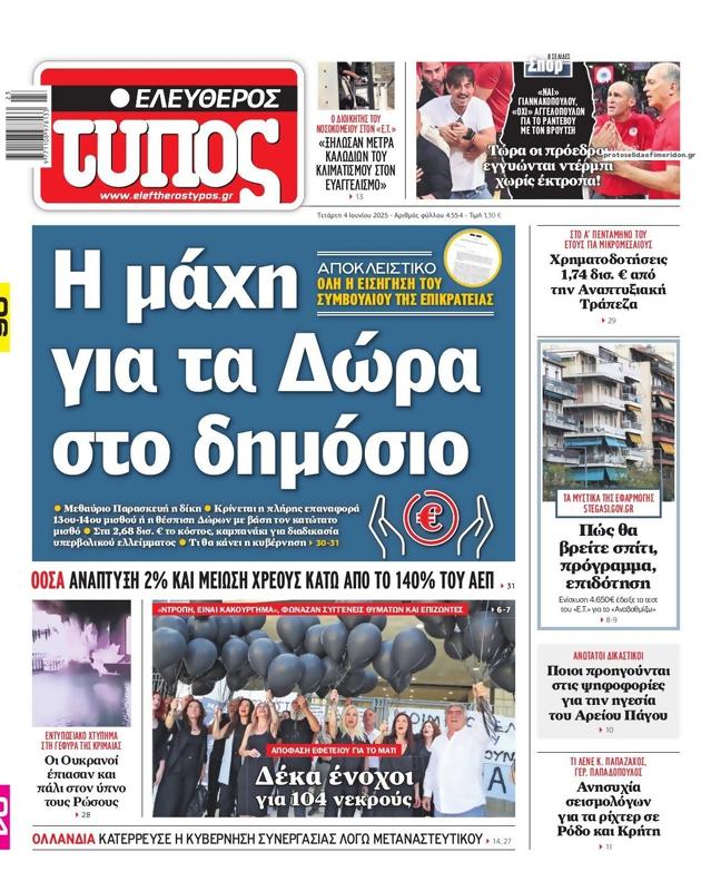 Πρωτοσέλιδο Ελεύθερος Τύπος