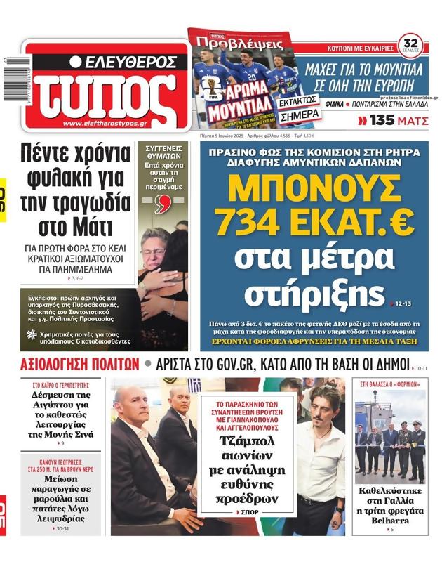 Πρωτοσέλιδο Ελεύθερος Τύπος