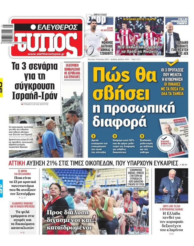 Πρωτοσέλιδο Ελεύθερος Τύπος