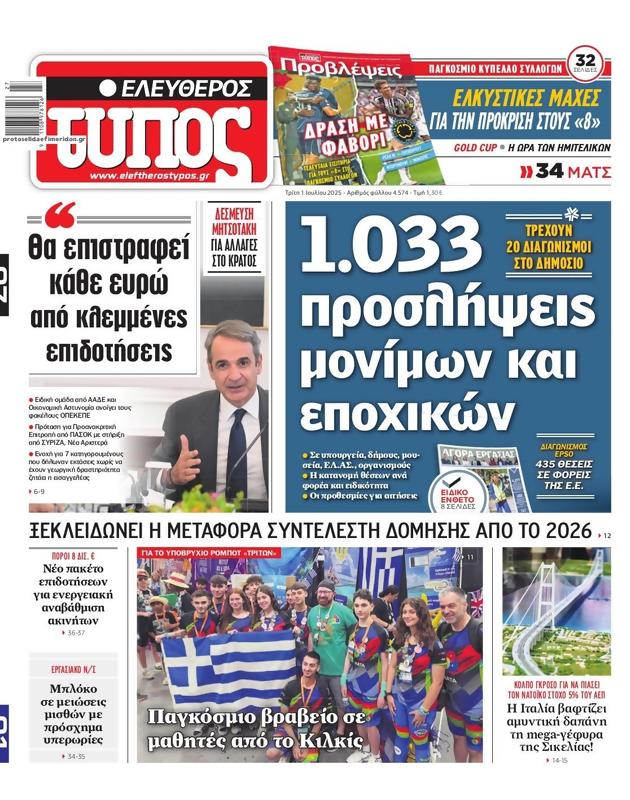 Πρωτοσέλιδο Ελεύθερος Τύπος