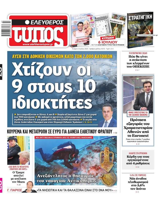 Πρωτοσέλιδο Ελεύθερος Τύπος
